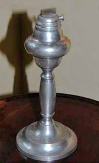 Photo of Roswell Gleason pewter lamp with S. Rust 1837 patent burner